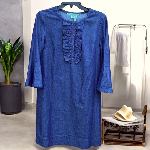 Draper James Chambray Blue Wash Denim Ruffle Shift Dress Sz 4 - EUC! - Picture 2 of 8